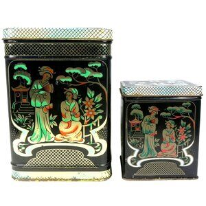 Chinoiserie Tole Tin Set of 2 Decorated Black Hinged Lid Box Vintage England